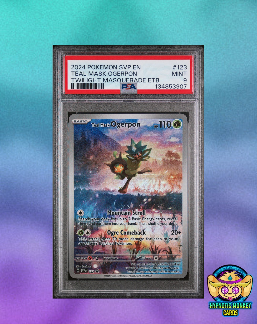 Teal Mask Ogerpon ETB Promo PC Stamped & non-stamped sequential pair PSA 9