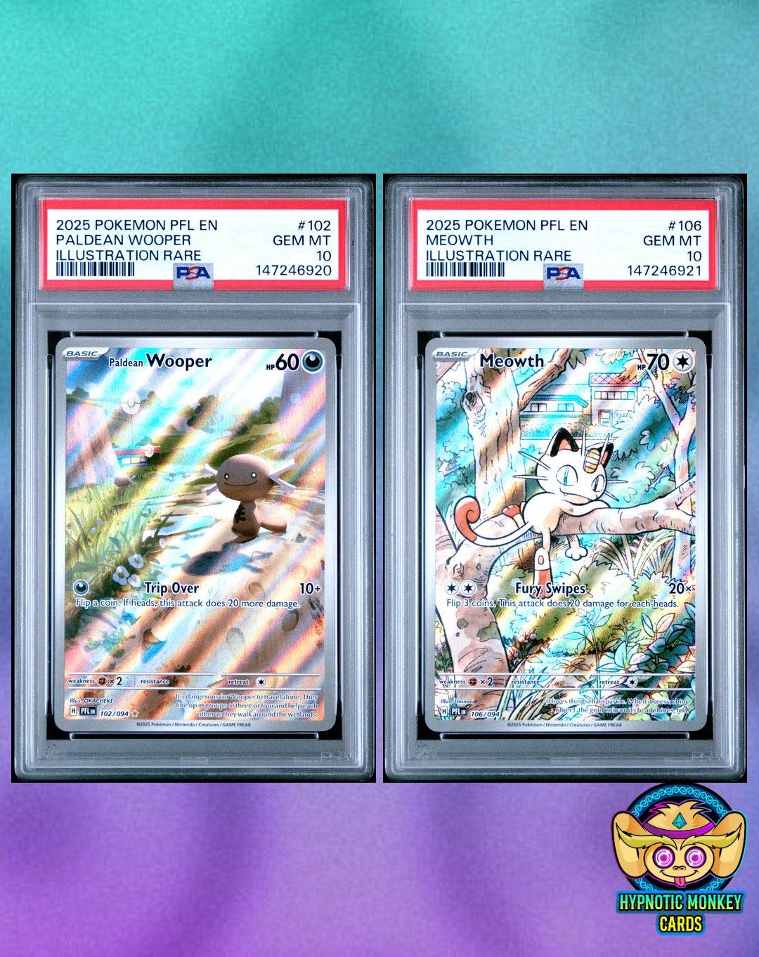 Paldean Wooper 102 & Meowth 106 PSA 10 Sequential Pair
