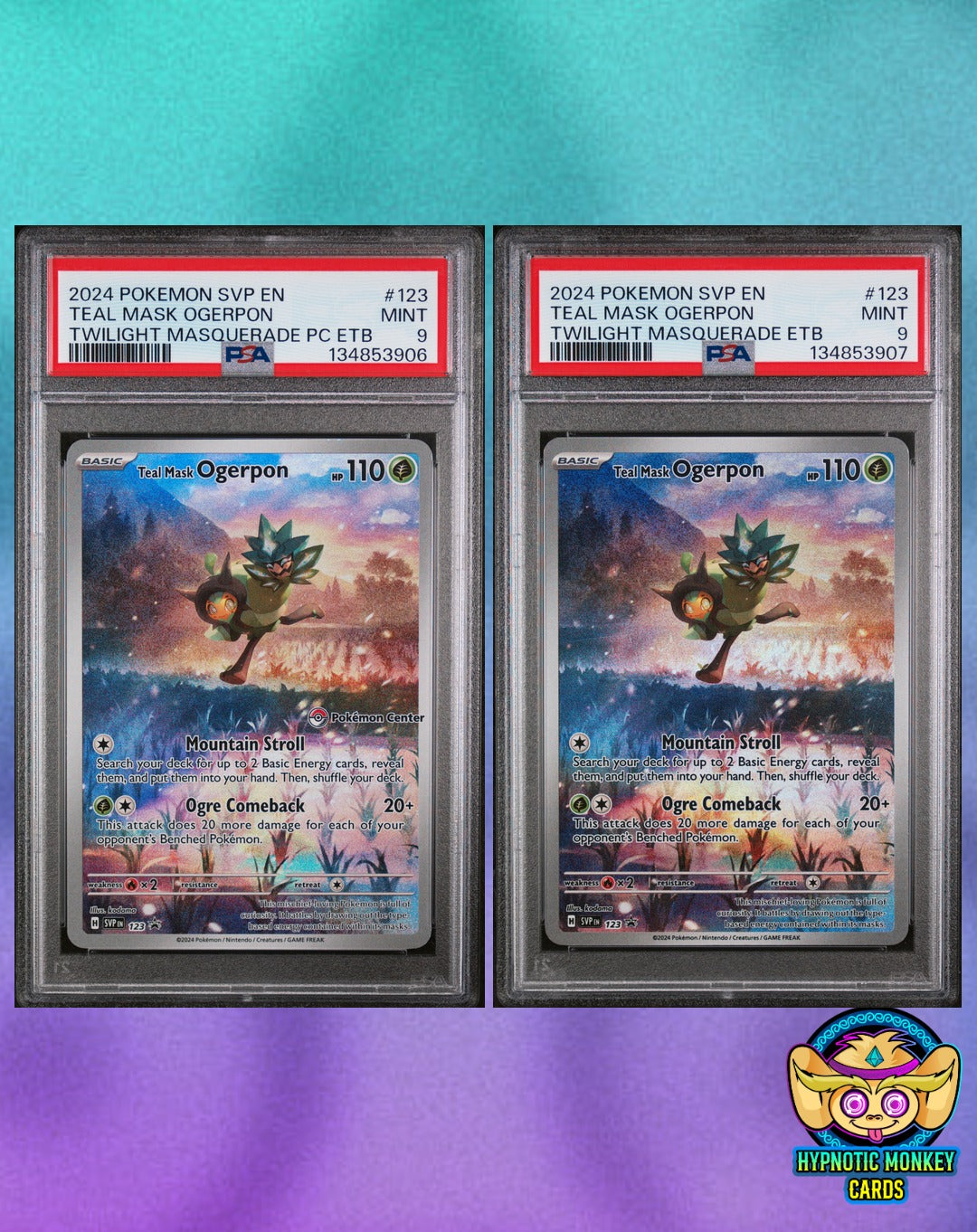 Teal Mask Ogerpon ETB Promo PC Stamped & non-stamped sequential pair PSA 9